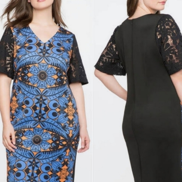Eloquii Studio Printed Dress With Lace Sleeves - Picture 1 of 8